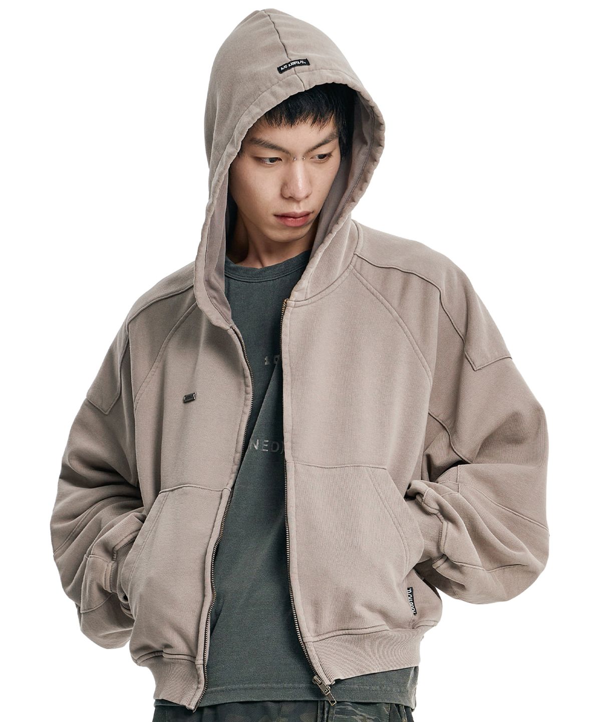 아조바이아조(AJOBYAJO) Cropped Washed Zip-up Hoodie [DUSTY BEIGE]