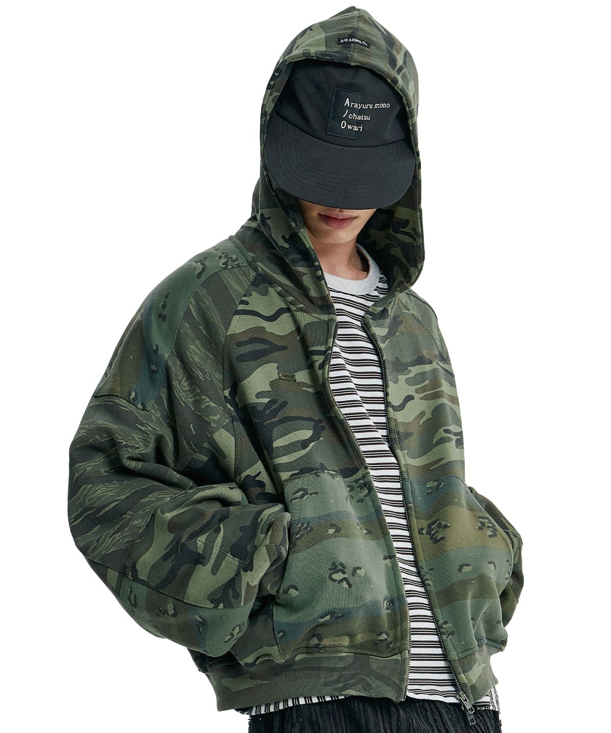 아조바이아조(AJOBYAJO) Cropped Mixed Camo Zip-Up Hoodie [KHAKI]