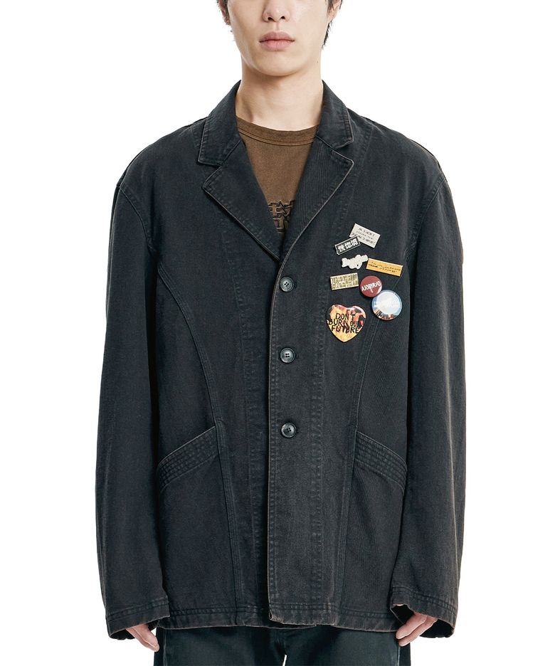 Washed Curved Seam Cotton Blazer [BLACK]