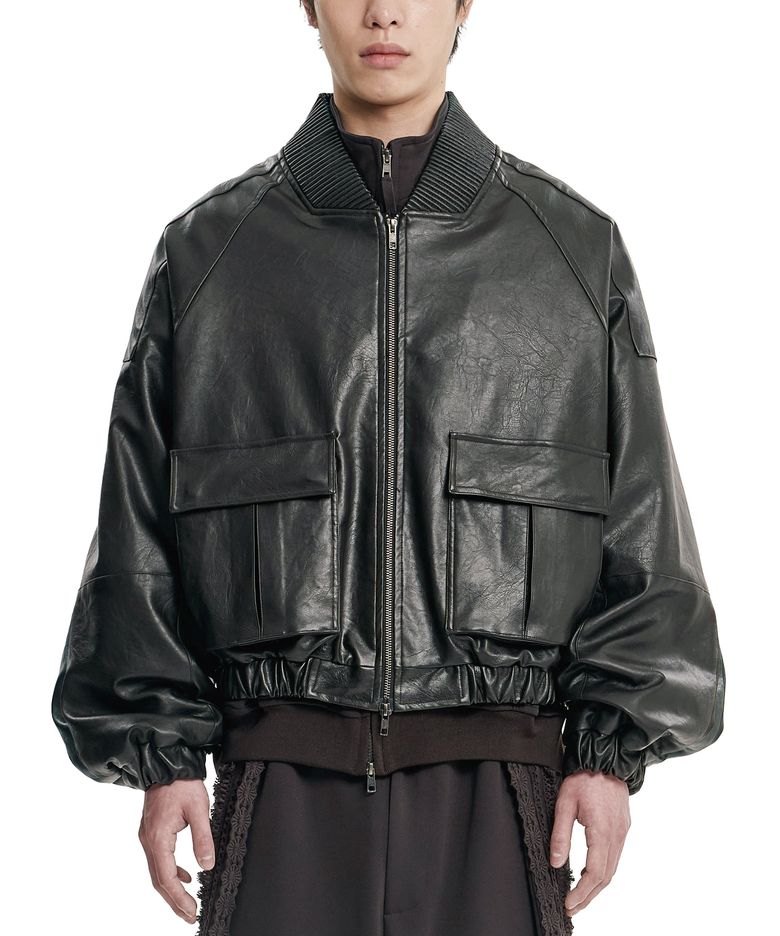 Faux Leather Ribbed Collar Blouson [DARK BROWN]