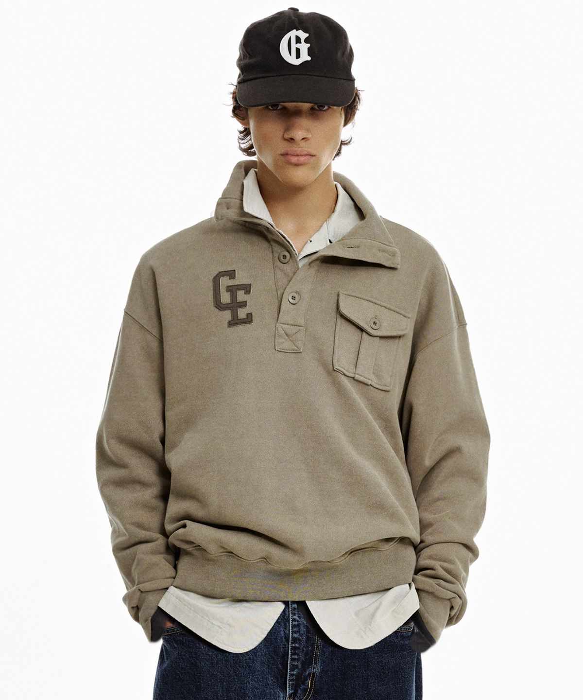 가든익스프레스(GARDEN EXPRESS) Half-Neck Button-Up Sweatshirt (khaki brown)