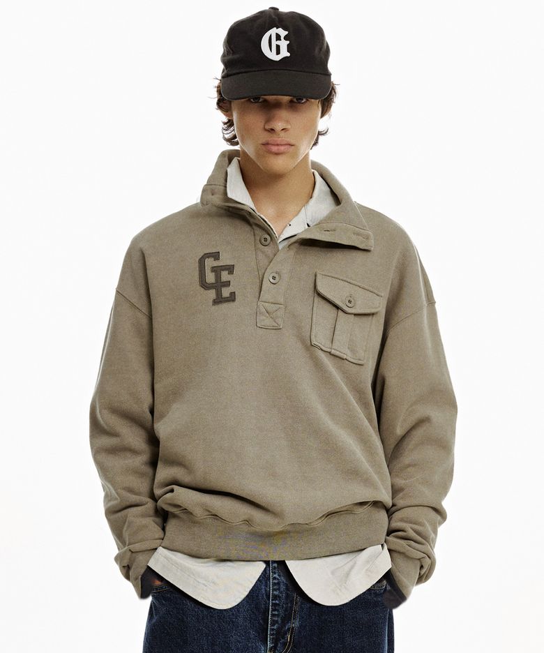 Half-Neck Button-Up Sweatshirt (khaki brown)