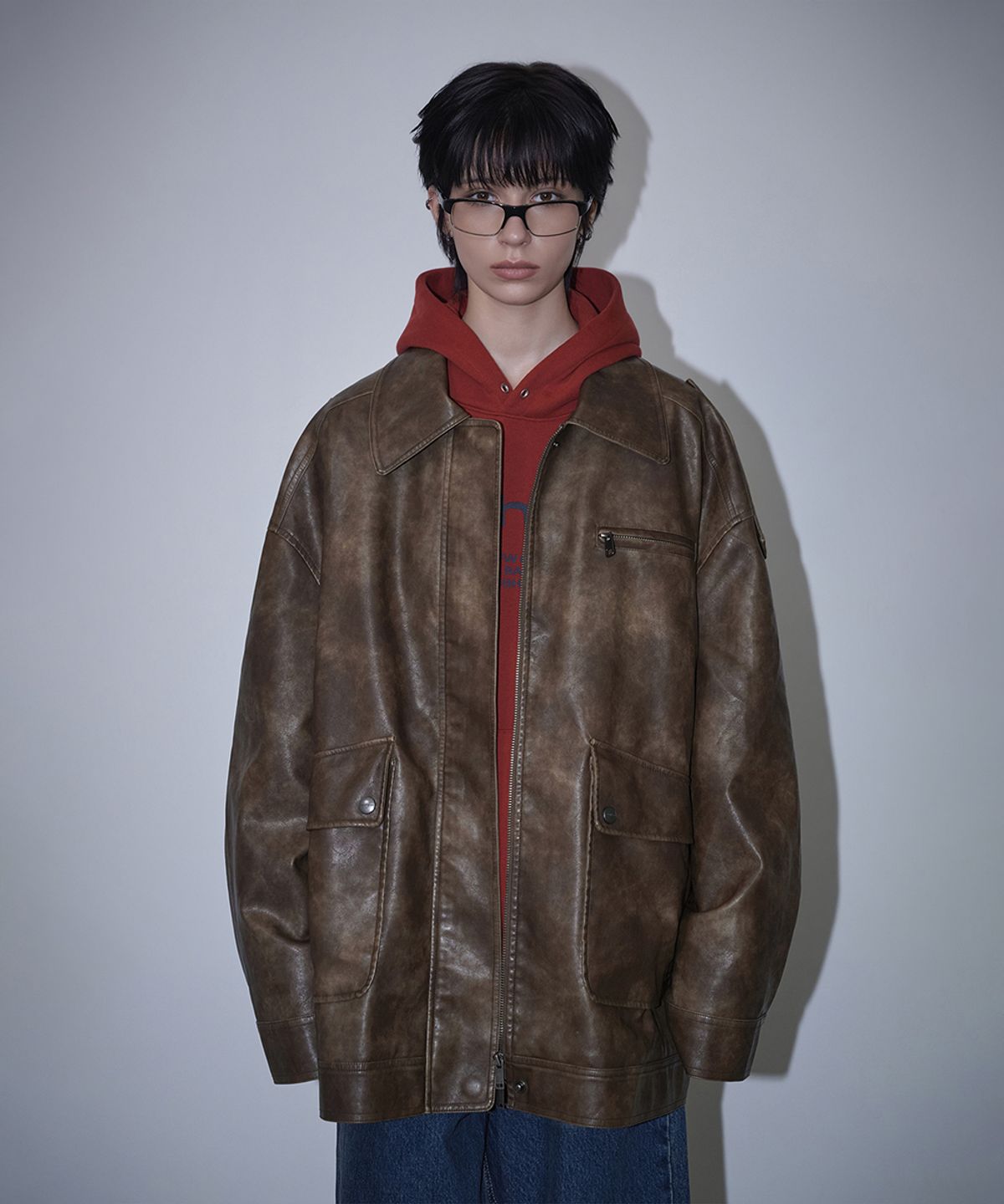 로타입(ROUGHTYPE) Embossed Washed Leather Jacket - Brown