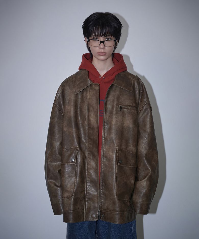Embossed Washed Leather Jacket - Brown
