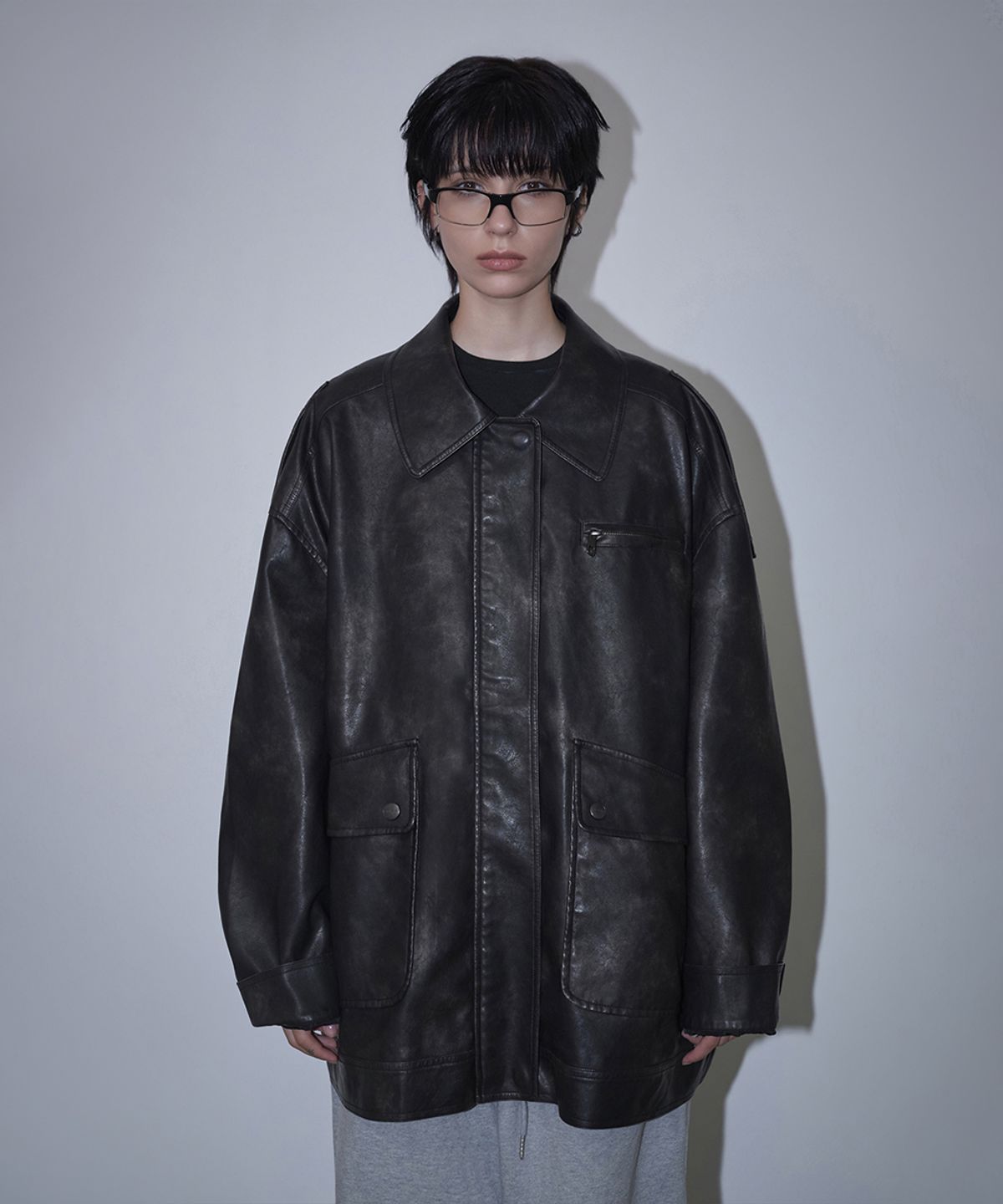 로타입(ROUGHTYPE) Embossed Washed Leather Jacket - Black