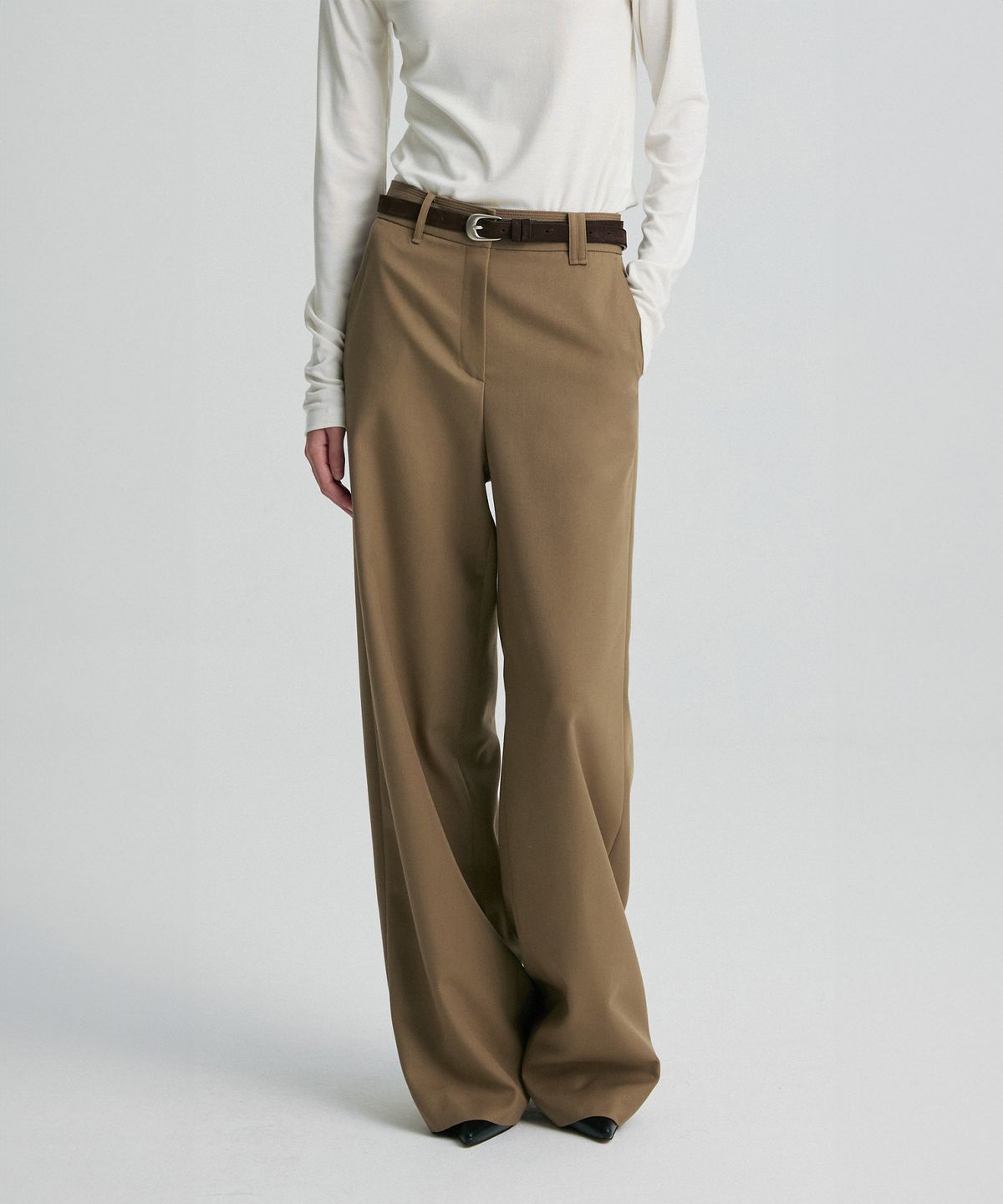 리이(RE RHEE) WOOL BLEND TAILORED TROUSERS TAUPE