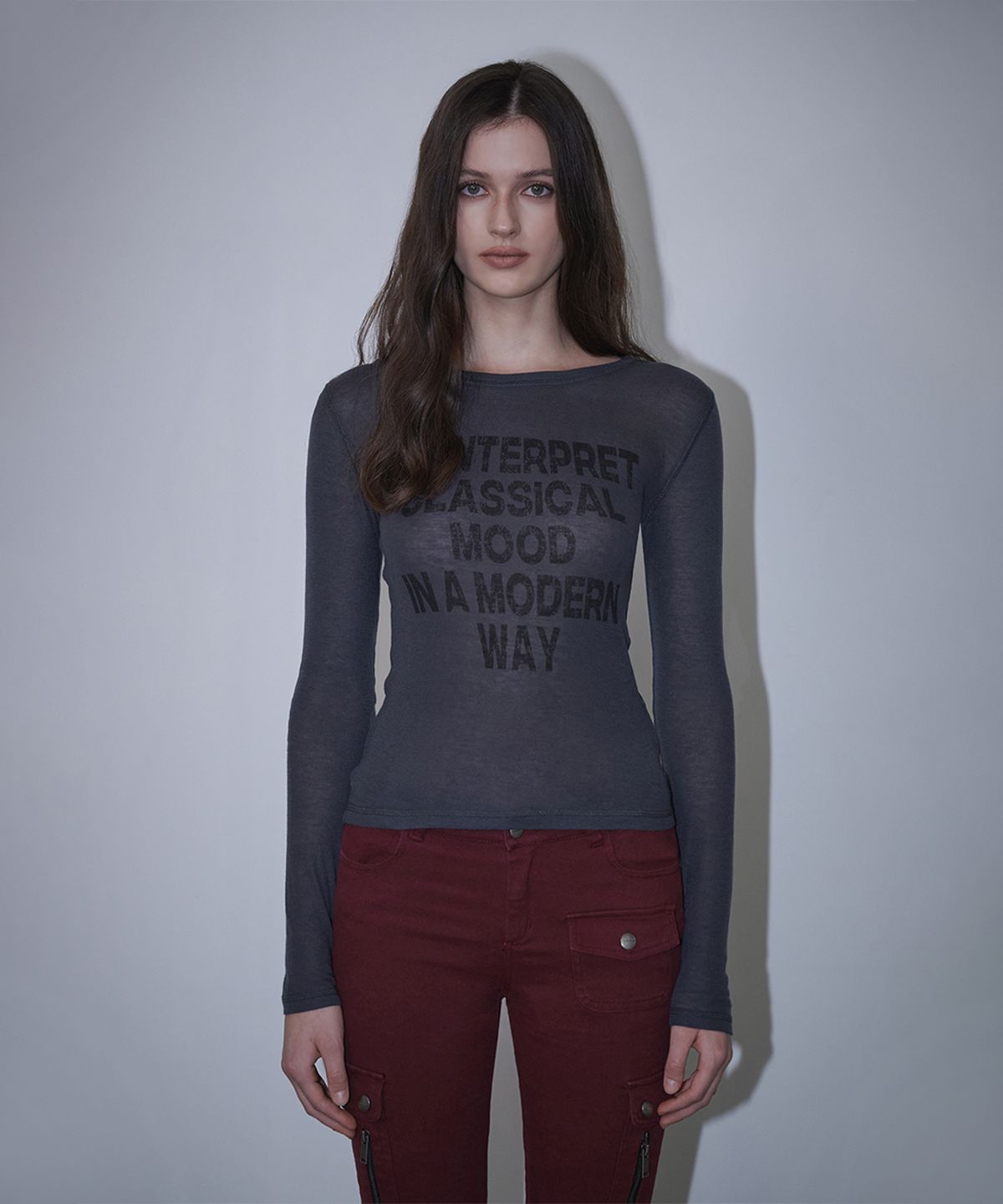로타입(ROUGHTYPE) Crack Logo Slim Long Sleeve - Charcoal