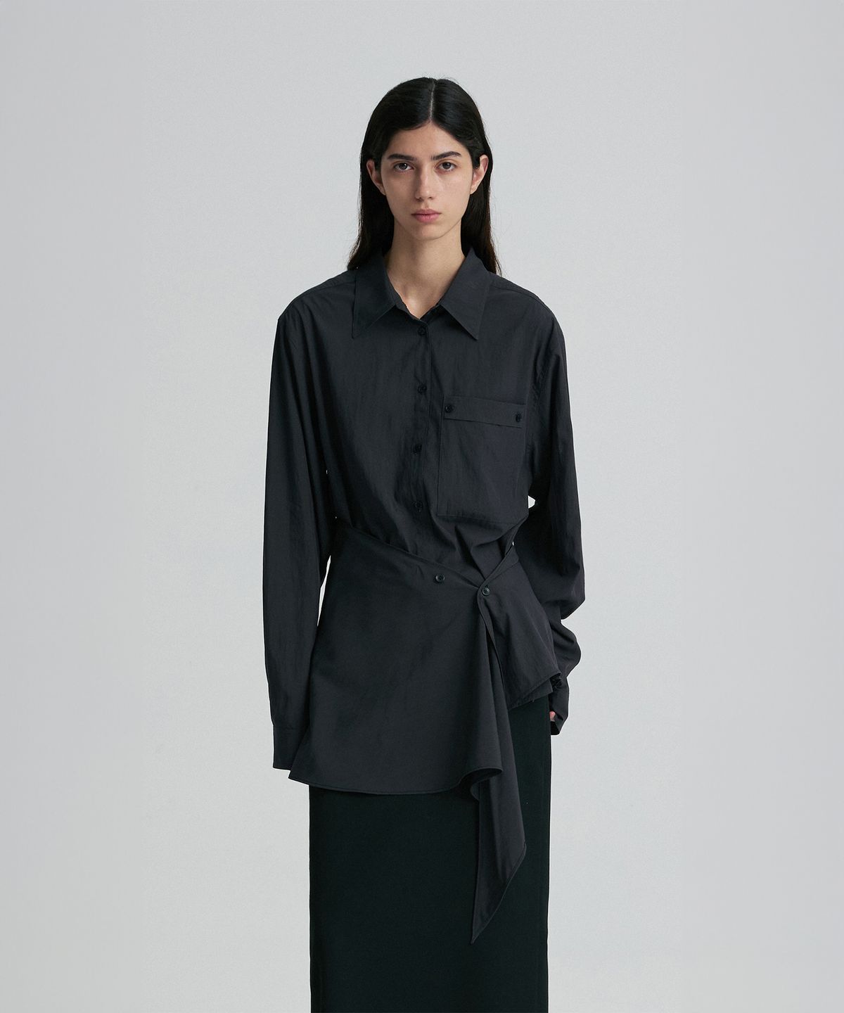 리이(RE RHEE) WRAP-WAIST LONGLINE SHIRT