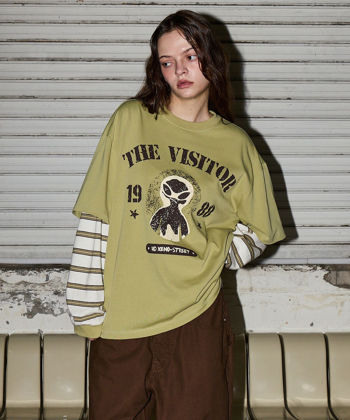 후드후드(HOODHOOD) THE VISITOR 스트라이프 레이어드 롱슬리브 그린