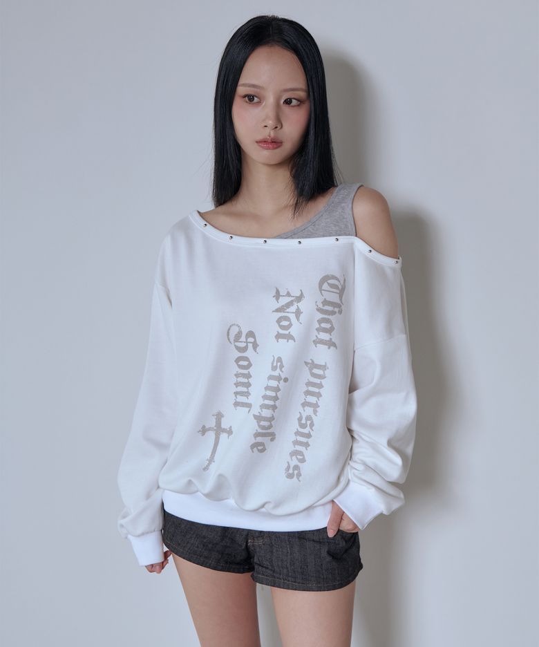 스터드 원 오프 숄더 스웻셔츠(아이보리)