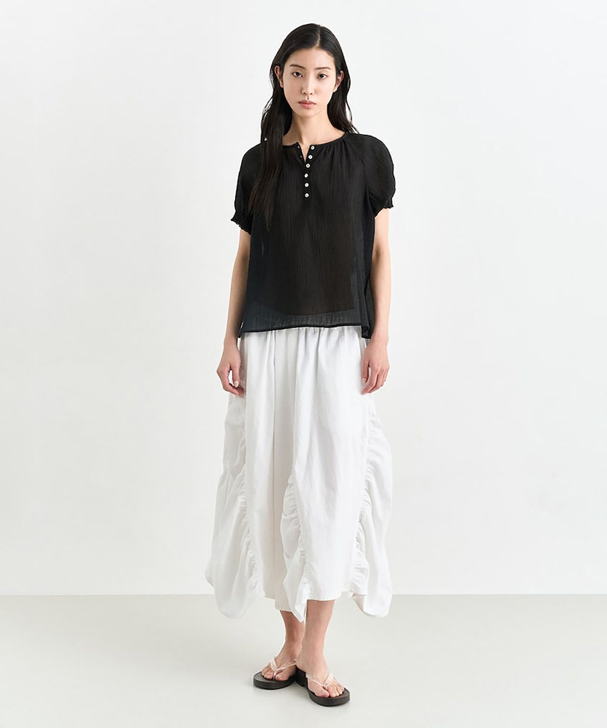 앙개(ANGGAE) Sheer Short Sleeve Blouse  Black