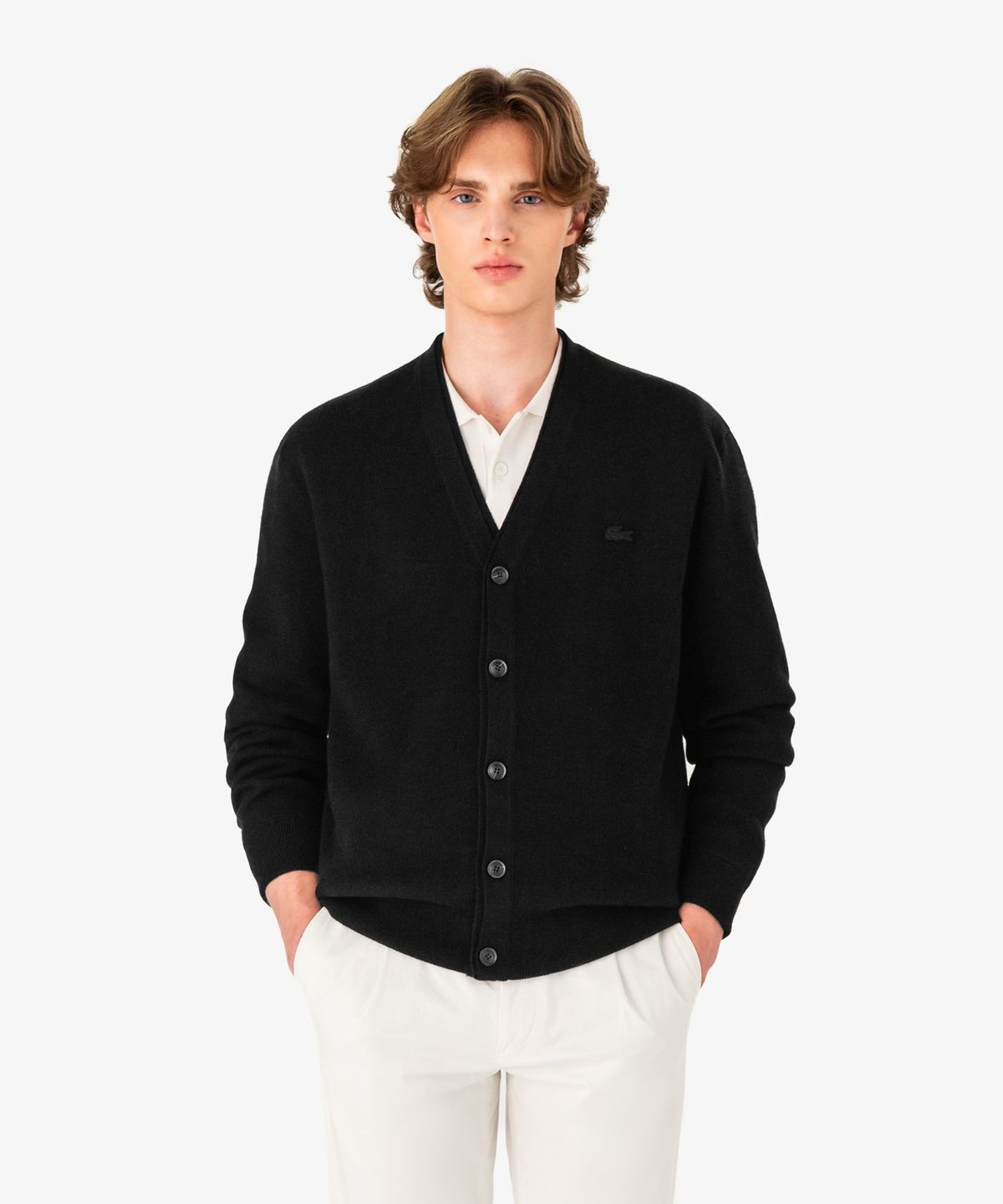라코스테(LACOSTE) 남성 배색 레이어드 방모 V넥 가디건 AH760E-56N 031