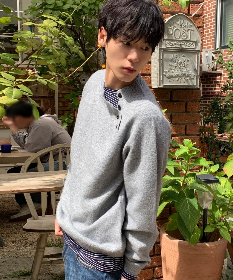 사선 헨리넥 헤비 니트 [그레이]