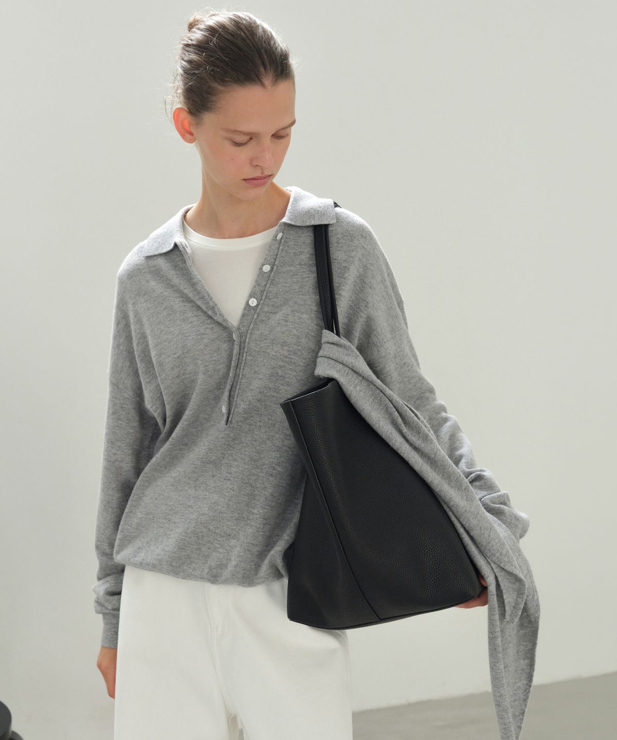 르바(LEVAR) Superfine Wool Henley Knit Set - Melange Grey