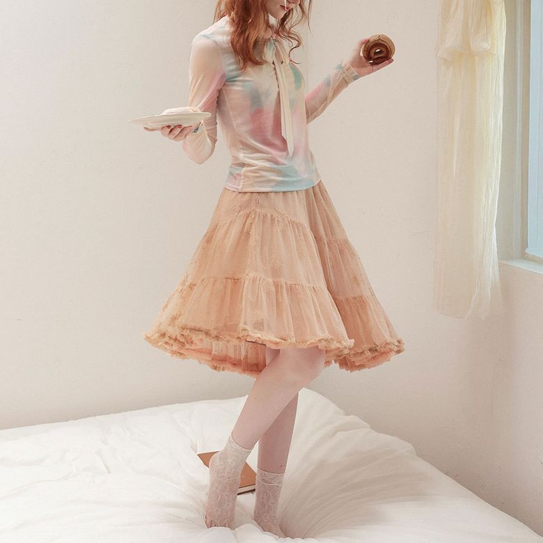 Cest_Embroidered mesh midi skirt