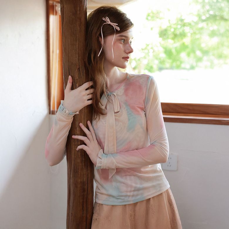 Cest_Oil painting mesh long sleeve top