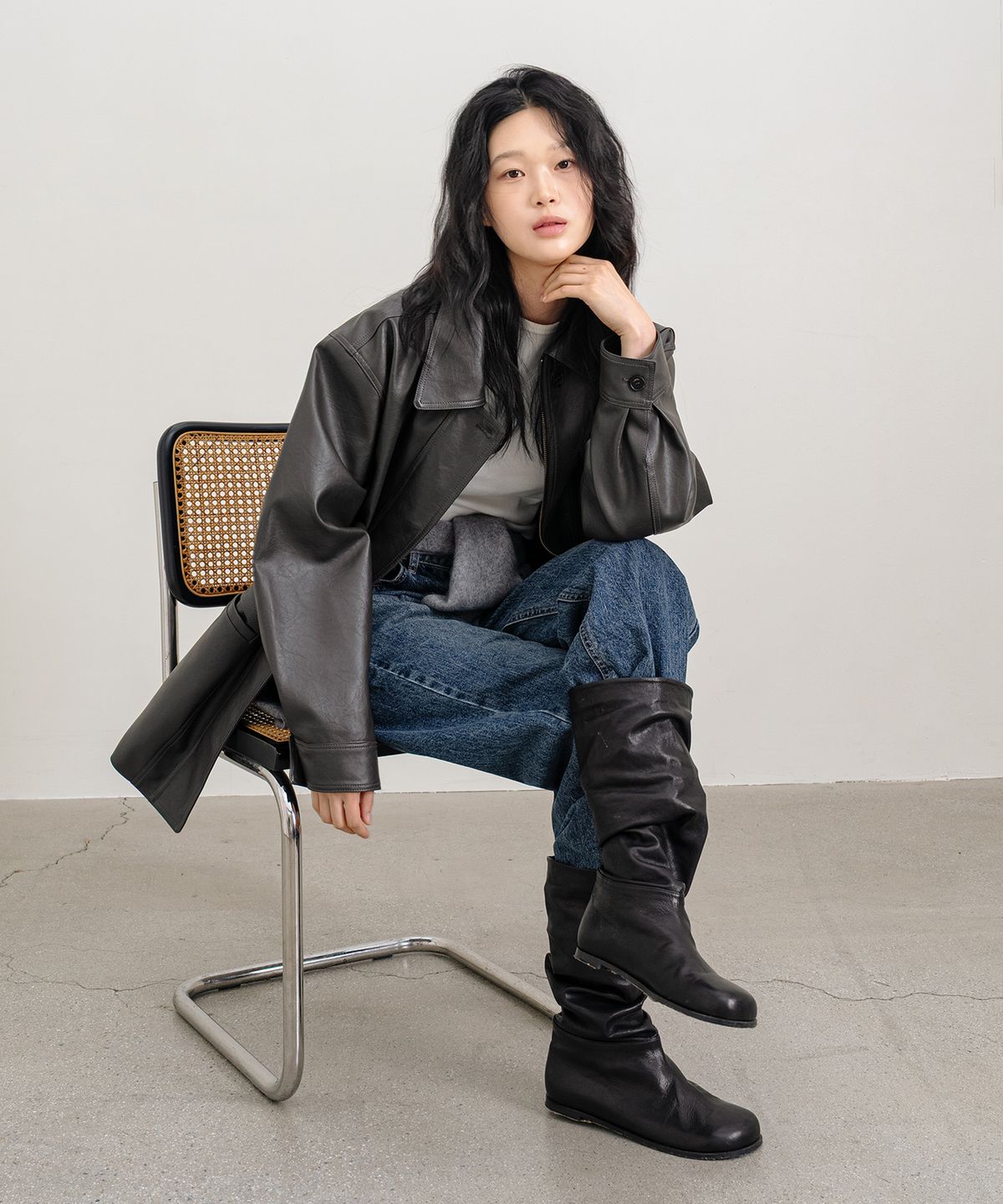 클루니(CLUNY) Structured Line Leather Jacket - Dark Brown