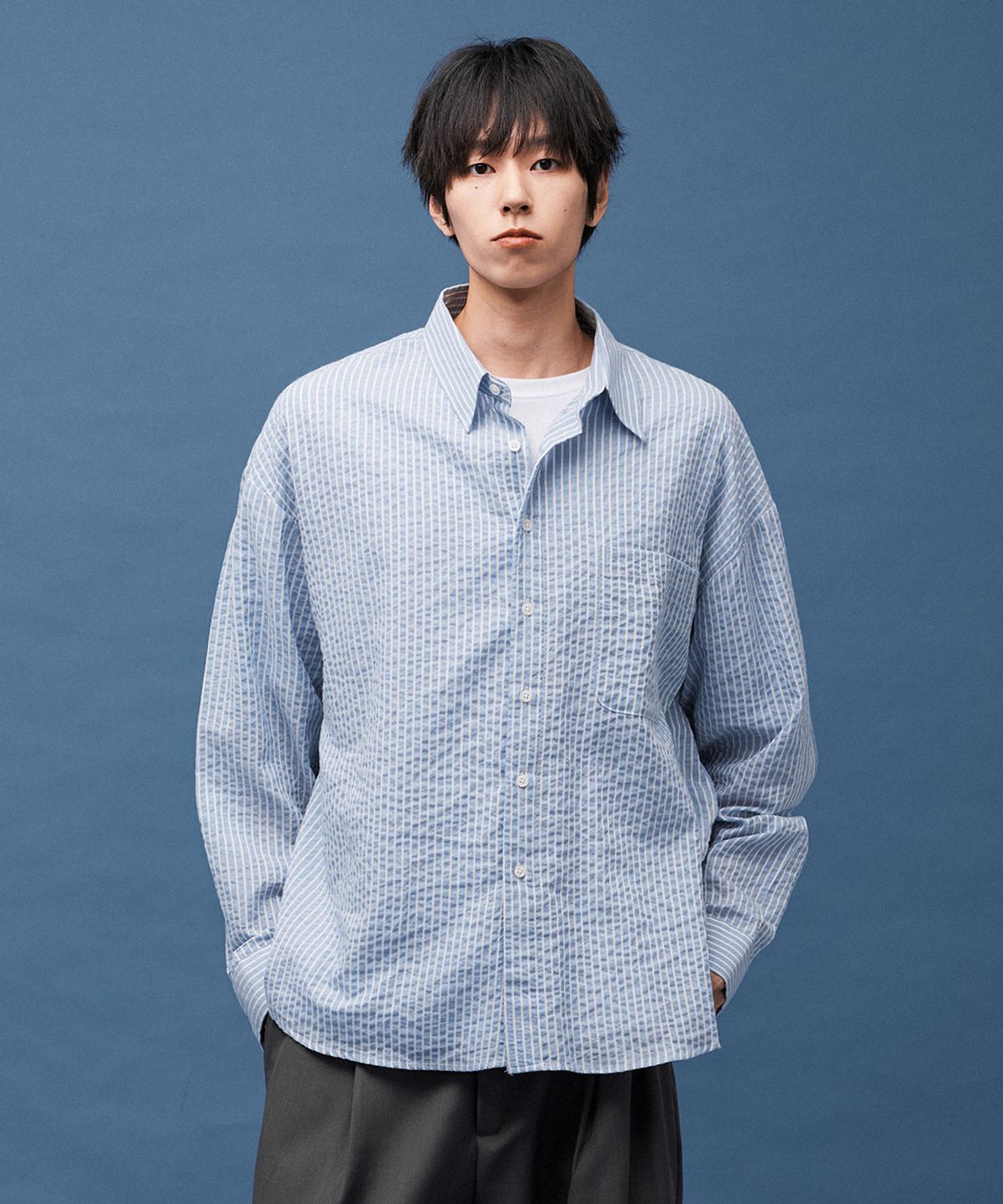 뉴오브(NEWAUBE) 클래식 와셔 스트라이프 셔츠 스카이블루