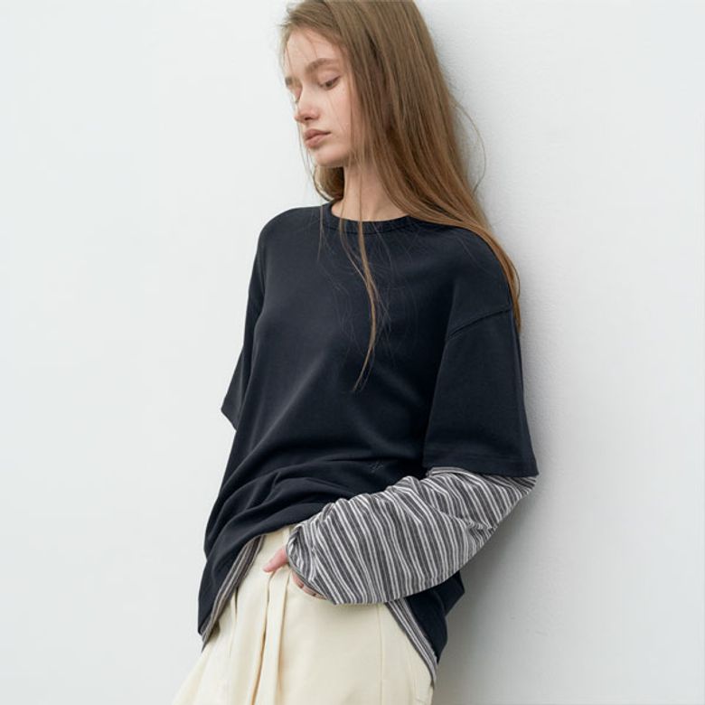 (T-7281)STRIPE LONG-SLEEVE LAYERD TEE