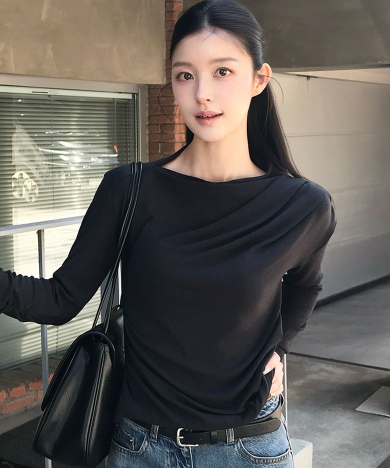 [장다연 PICK] (T-7275)SOFT SLIT NECK SHIRRING JERSEY TOP