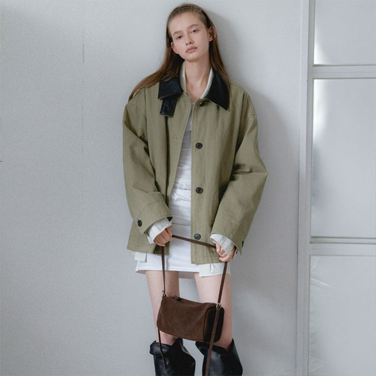 아틀리에 나인(ATELIER NAIN) (CT-1486)LEATHER COLLAR QUILIED WORK COAT