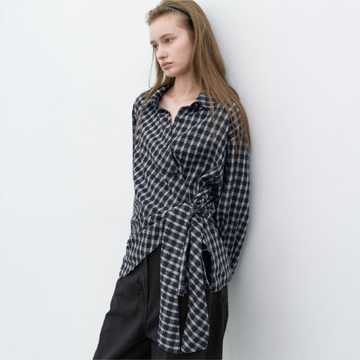 아틀리에 나인(ATELIER NAIN) (BL-4436)WRAP TIE WASHING CHECK BLOUSE