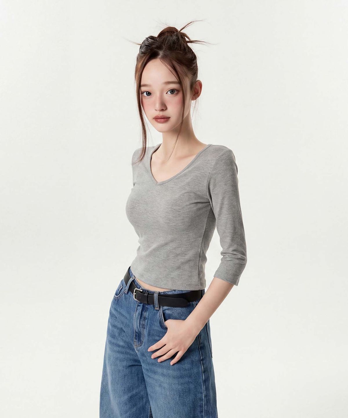 인무드(INMOOD) 베이직 셔링 7부 티셔츠