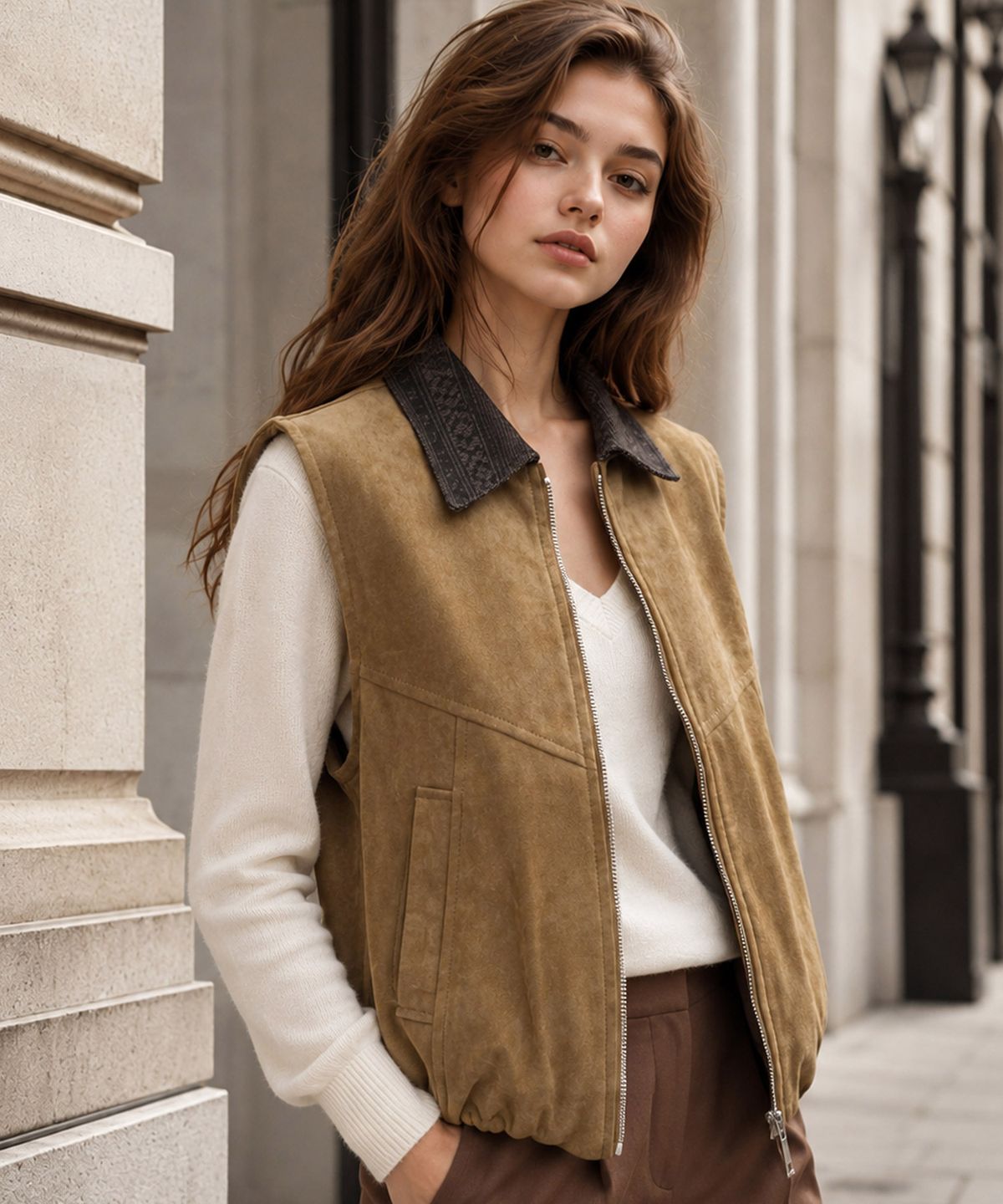 바스카라(VASCARA) Vintage Pattern Collar Suede Shirring Vest