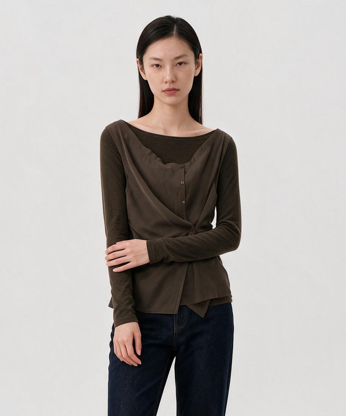 룩캐스트(LOOKAST) 울 더블 레이어드 롱 슬리브 티셔츠_브라운 / WOOL DOUBLE-LAYERED LONG SLEEVE T-SHIRT_BROWN