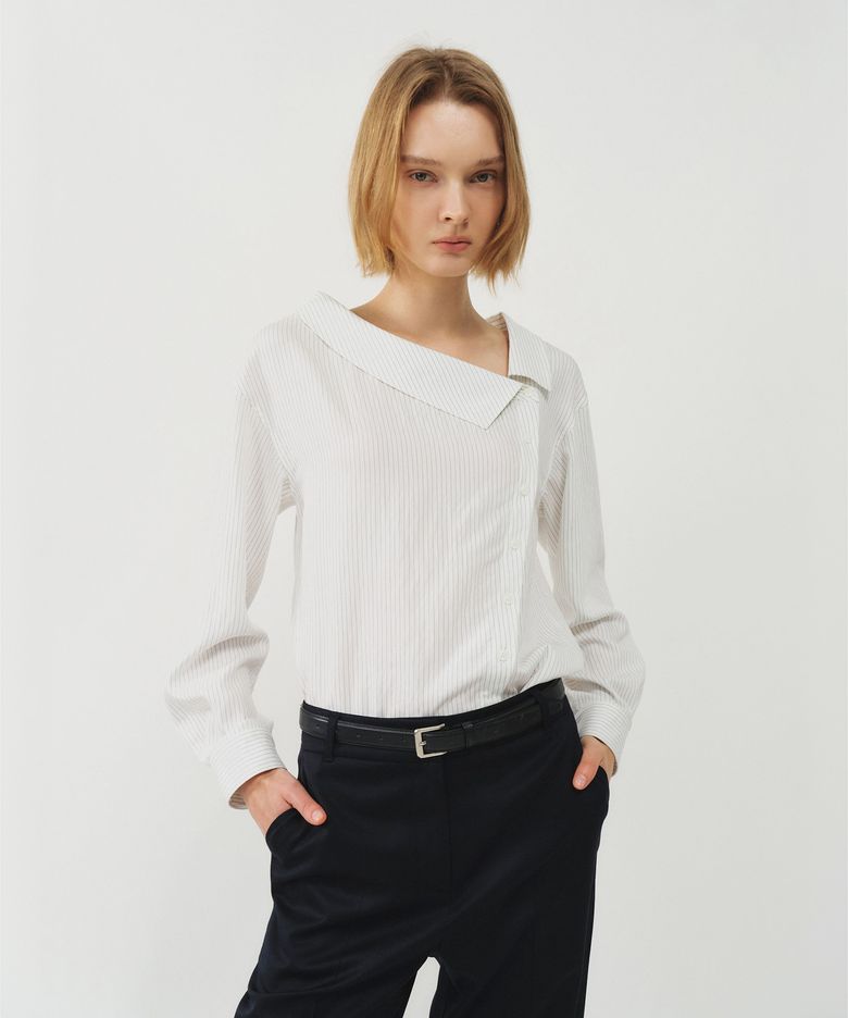 오픈 넥 스트라이프 블라우스_화이트 / OPEN NECK STRIPE BLOUSE_WHITE