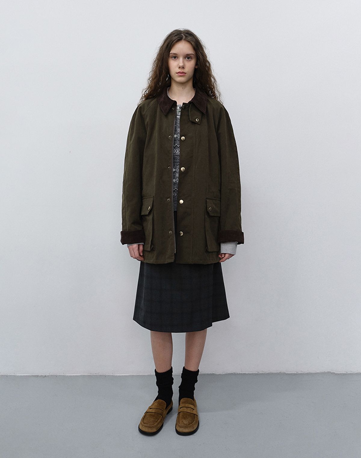 던스트(DUNST) PLEATS MIDI WRAP CHECKED SKIRT_UDSK6C205_CHARCOAL GREY CHECK