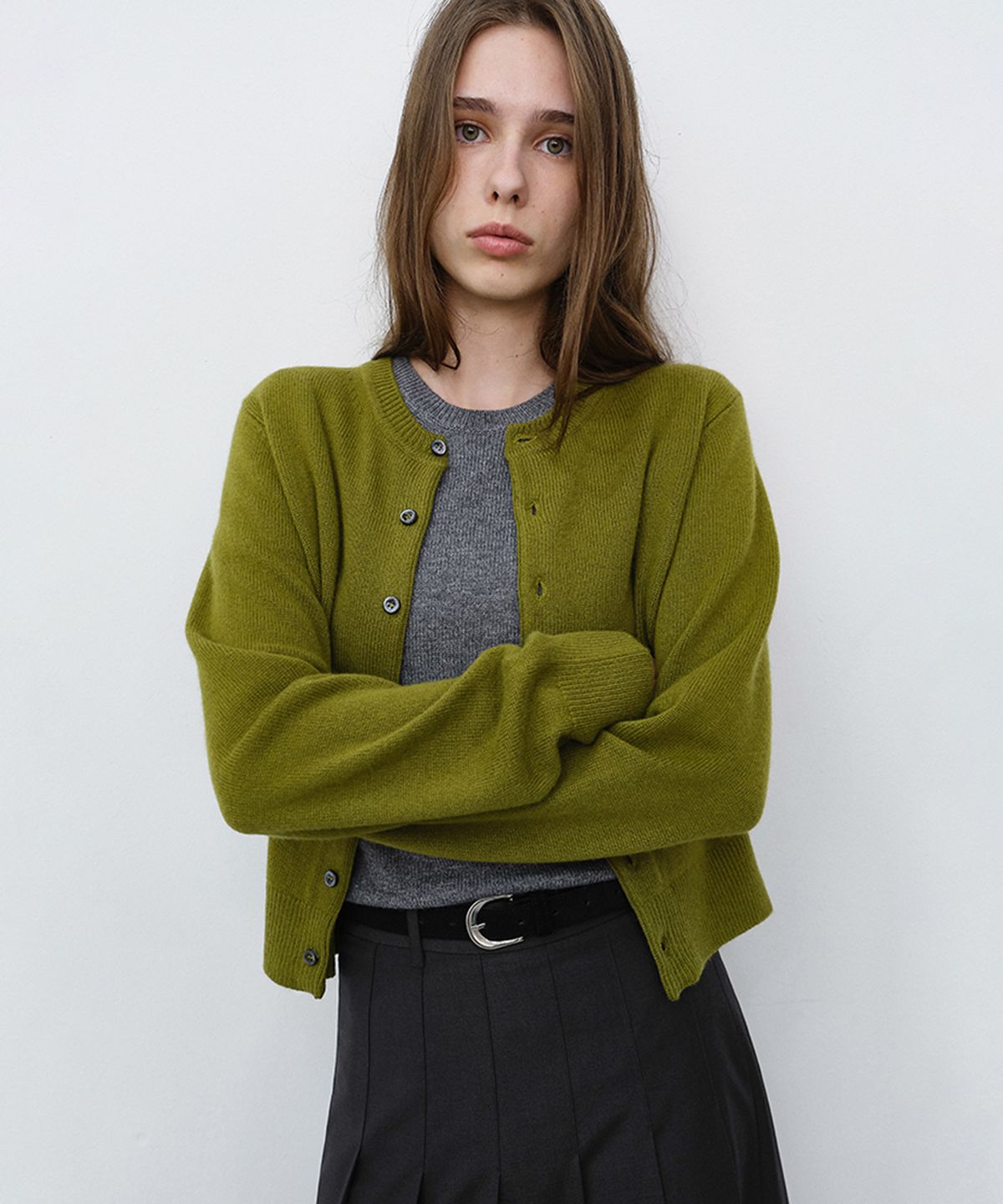 던스트(DUNST) UNISEX CREWNECK KNIT CARDIGAN_UDSW6C101_OLIVE GREEN