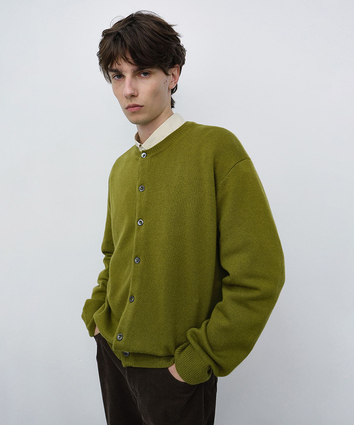 던스트 포 맨(DUNST FOR MEN) UNISEX CREWNECK KNIT CARDIGAN_UDSW6C101_OLIVE GREEN