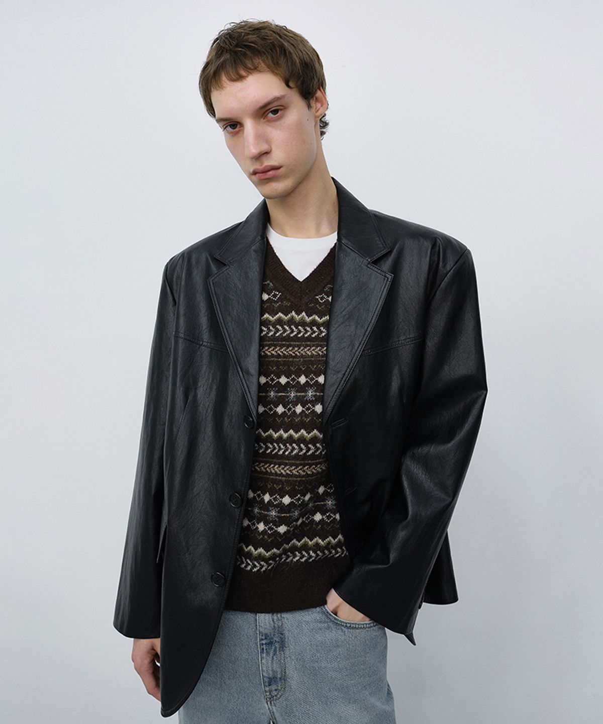 던스트 포 맨(DUNST FOR MEN) RELAXED LEATHER HALF JACKET_UNISEX_UDJA6C103_BLACK