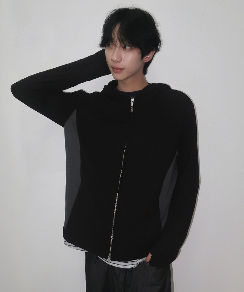 베이직 배색 디테일 투웨이 지퍼 오버핏 와플 니트 후드 집업_2COLOR