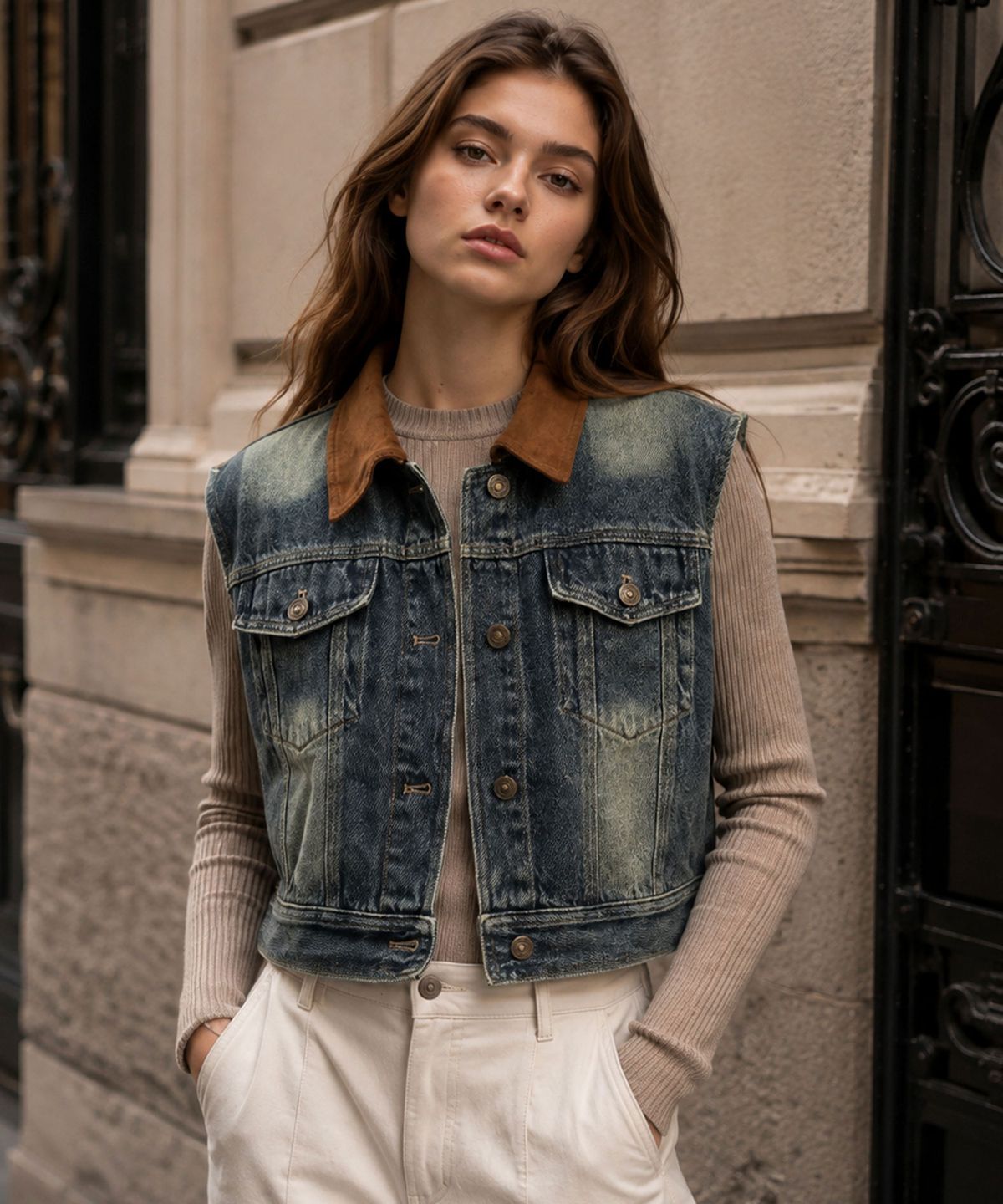 바스카라(VASCARA) Vintage Washed Color-Blocked Collar Cropped Denim Vest