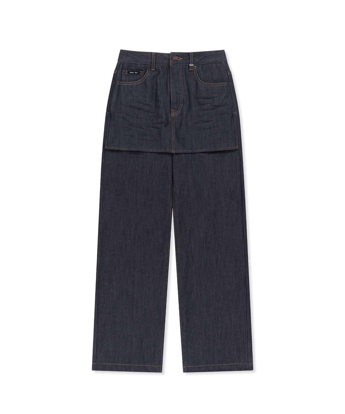 마뗑킴(MATIN KIM) SKIRT OVERLAY DENIM PANTS IN DARK NAVY