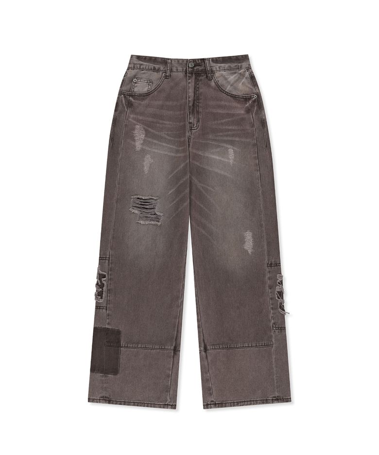 SHADOW DISTRESSED WIDE DENIM PANTS IN BROWN