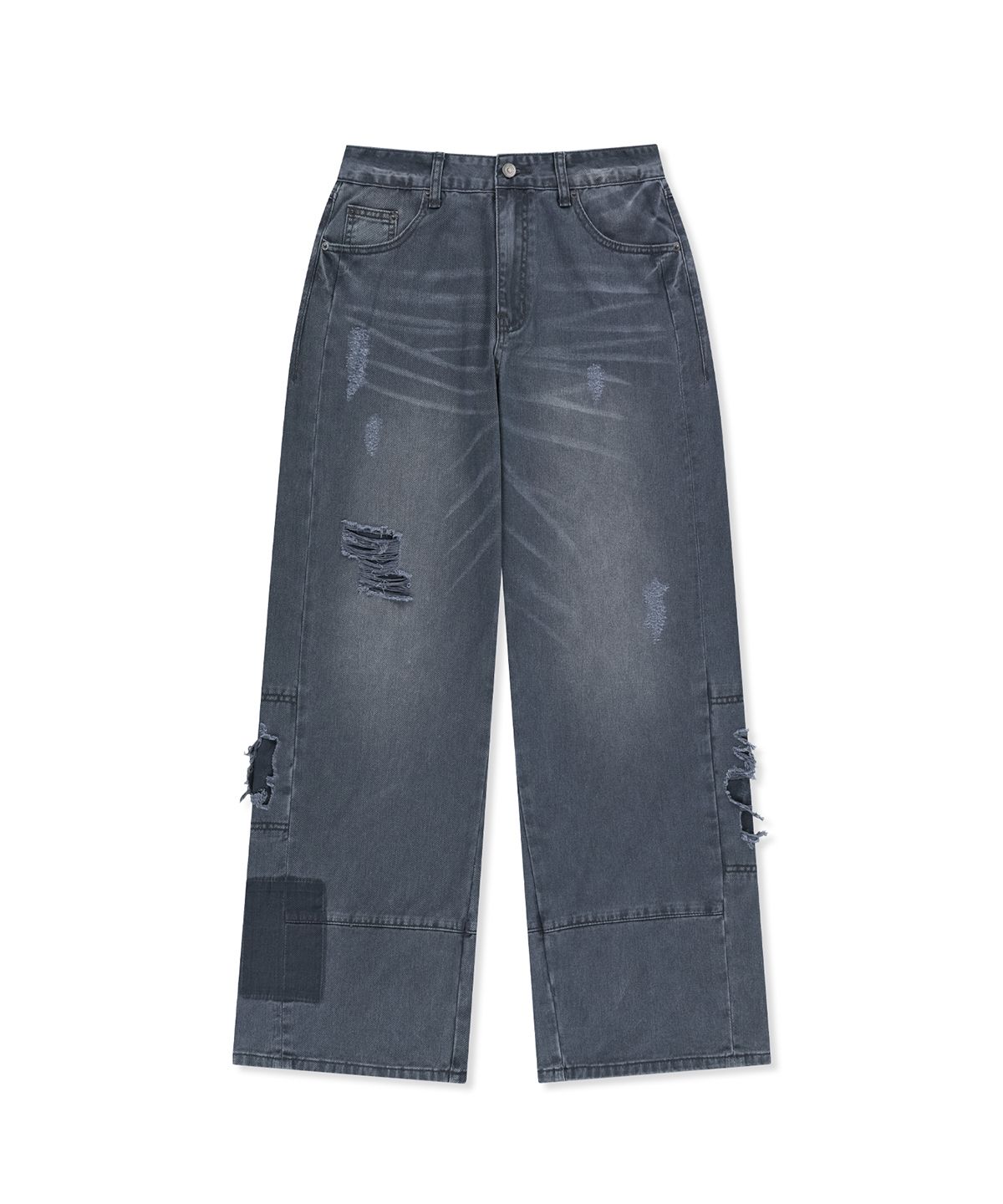 마뗑킴(MATIN KIM) SHADOW DISTRESSED WIDE DENIM PANTS IN BLUE