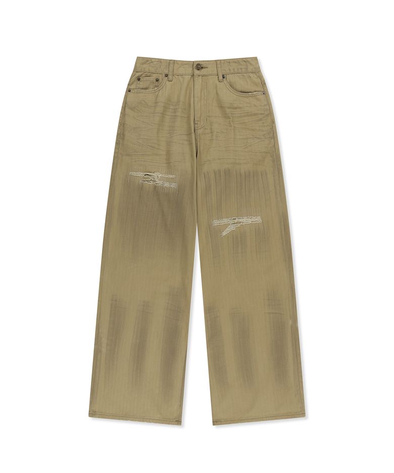 DISTRESSED HERRINGBONE WIDE PANTS IN BEIGE