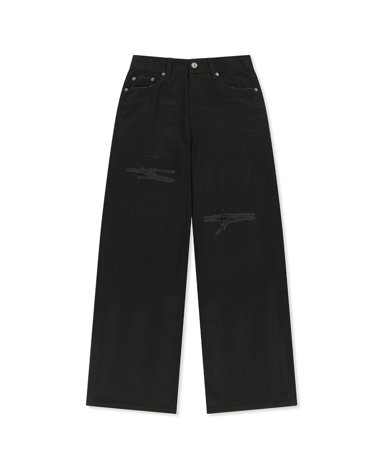 DISTRESSED HERRINGBONE WIDE PANTS IN BLACK