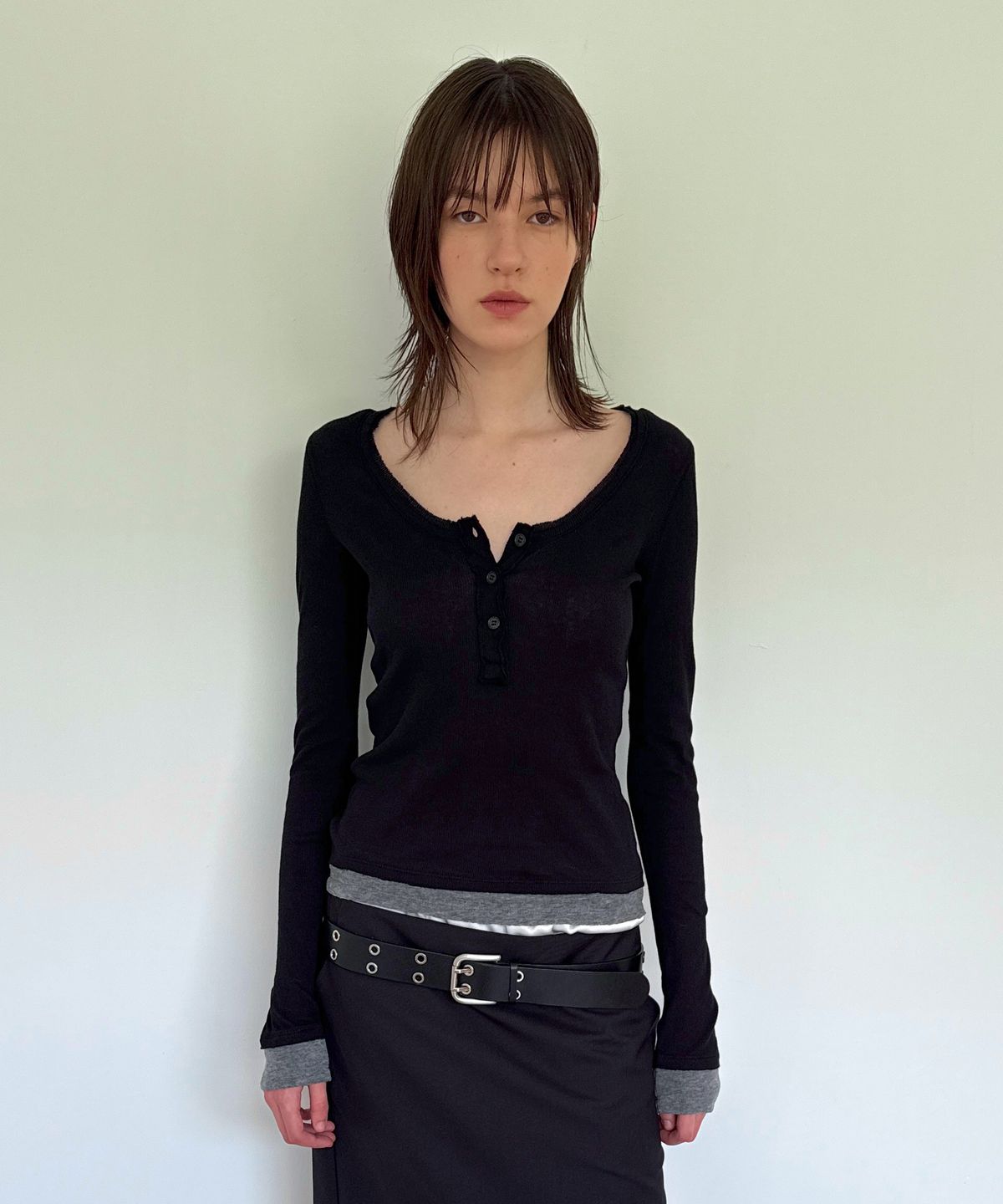 다이애그널(DIAGONAL) LAYERED HENLEY TEE (black)