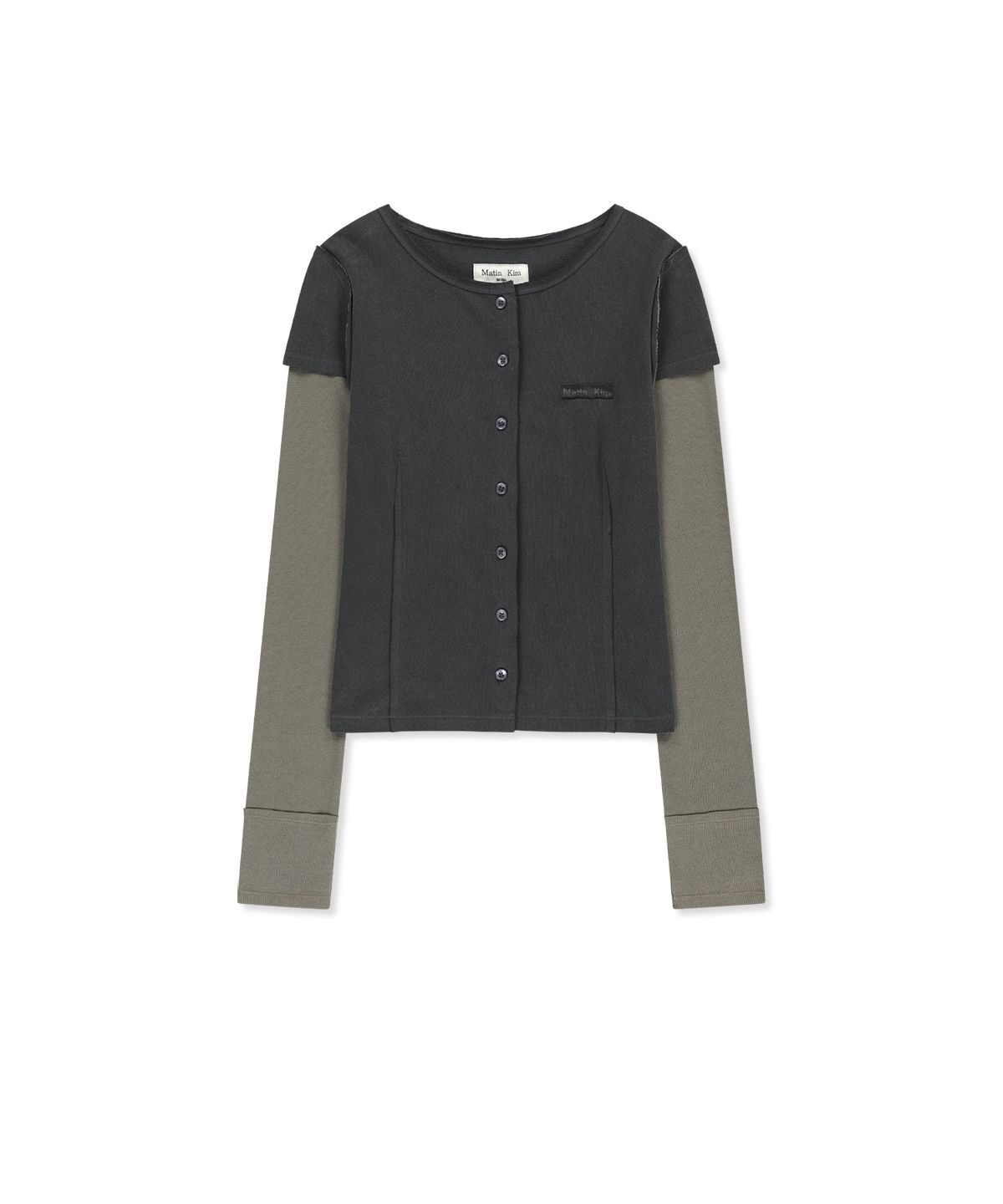 마뗑킴(MATIN KIM) FADED COLOR BLOCK LAYERED BUTTON TOP IN CHARCOAL
