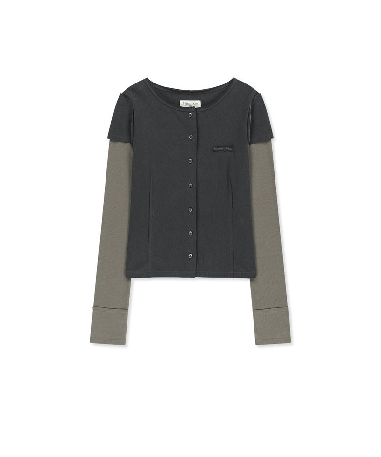 FADED COLOR BLOCK LAYERED BUTTON TOP IN CHARCOAL