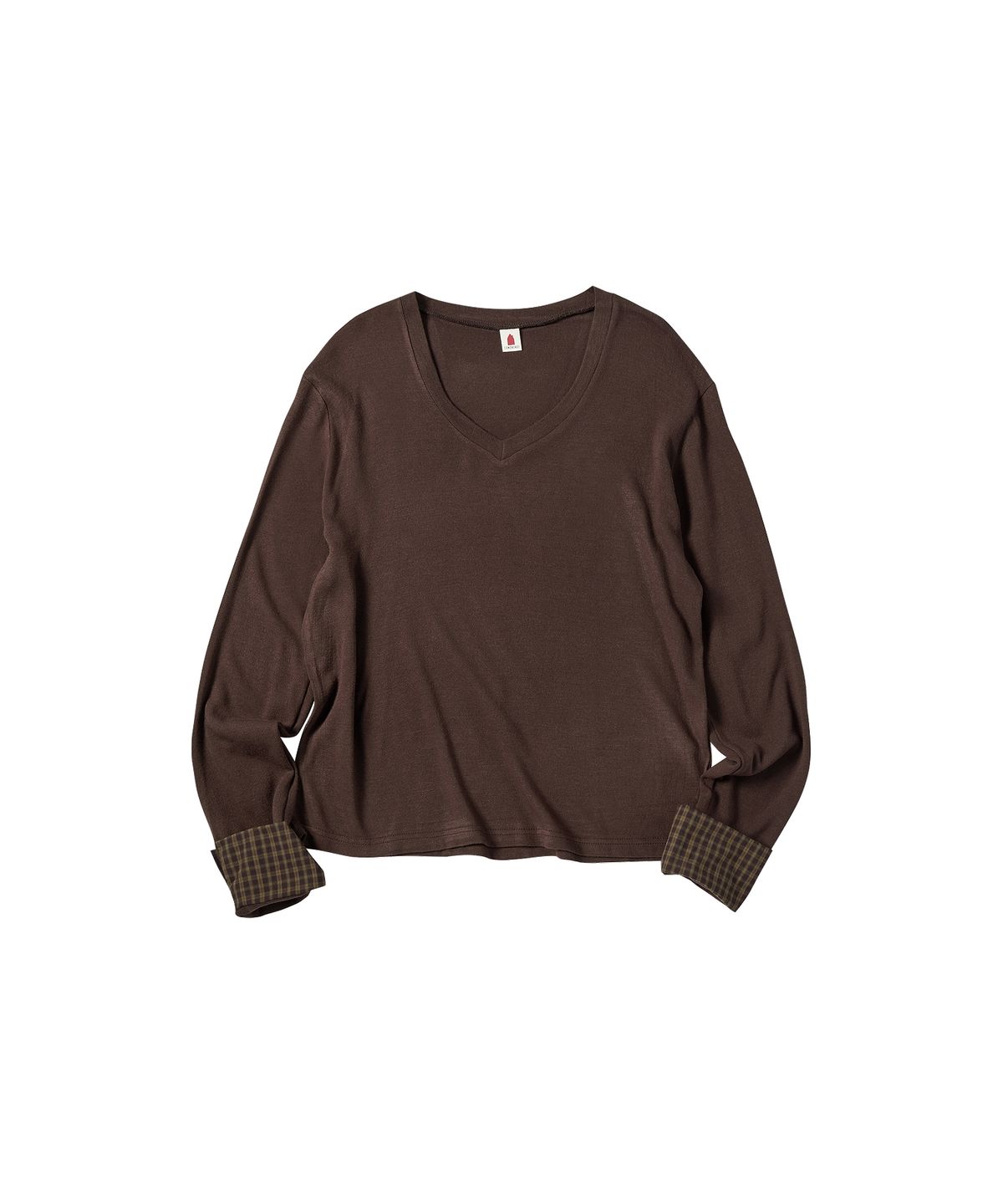 꼬모니노즈(COMONINOZ) W CHECK SLEEVE KNIT T-SHIRT [BROWN]