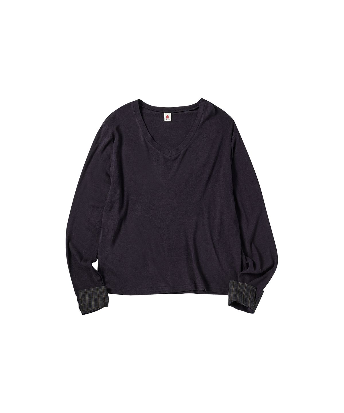 꼬모니노즈(COMONINOZ) W CHECK SLEEVE KNIT T-SHIRT [NAYY]