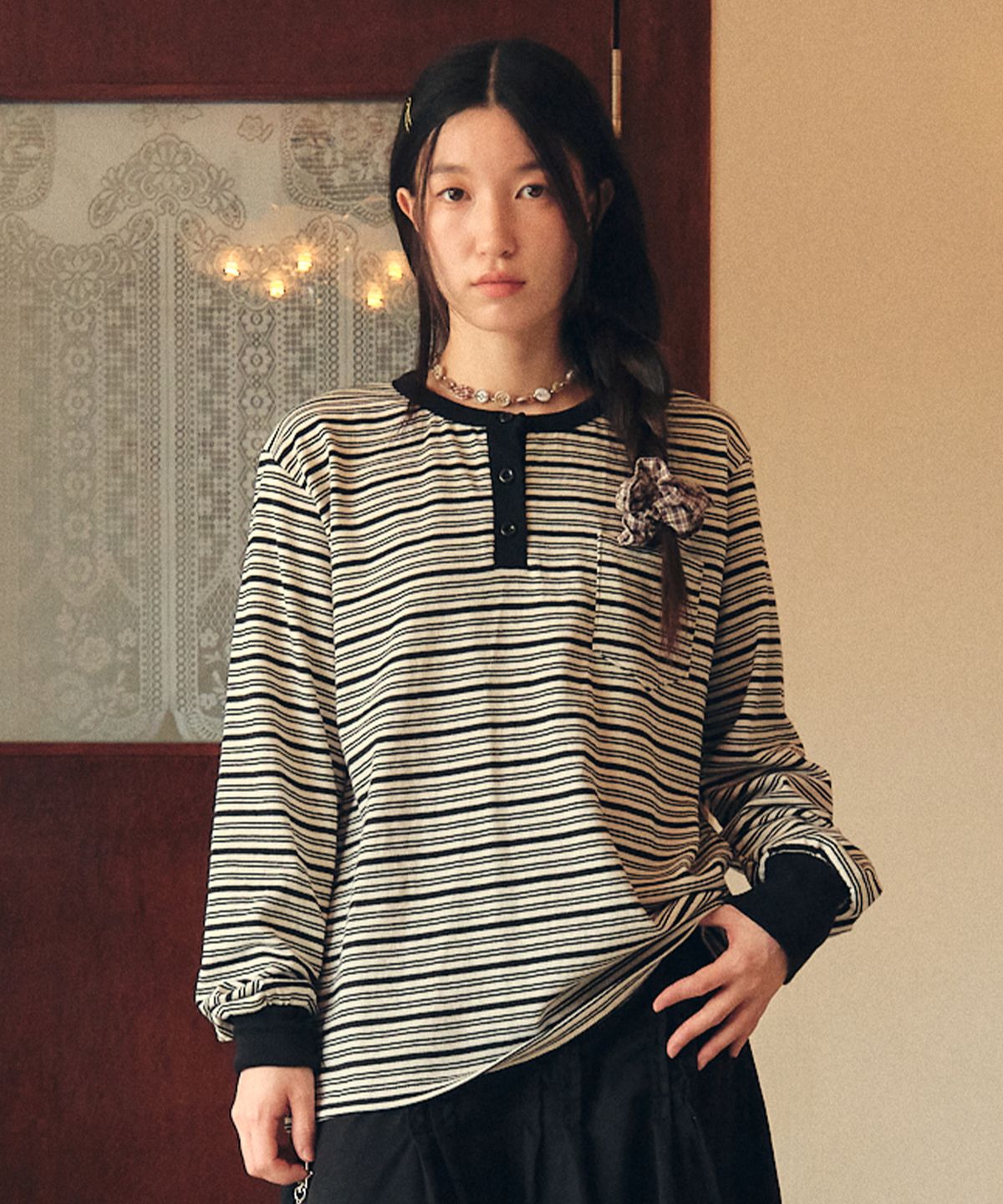 꼬모니노즈(COMONINOZ) W MELLOW STRIPE T-SHIRT [BLACK]