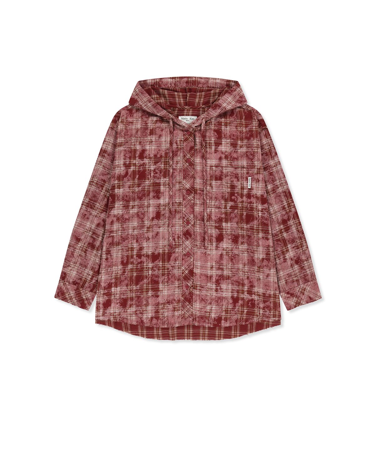 마뗑킴(MATIN KIM) RAW CUT CHECK HOODED SHIRT IN RED