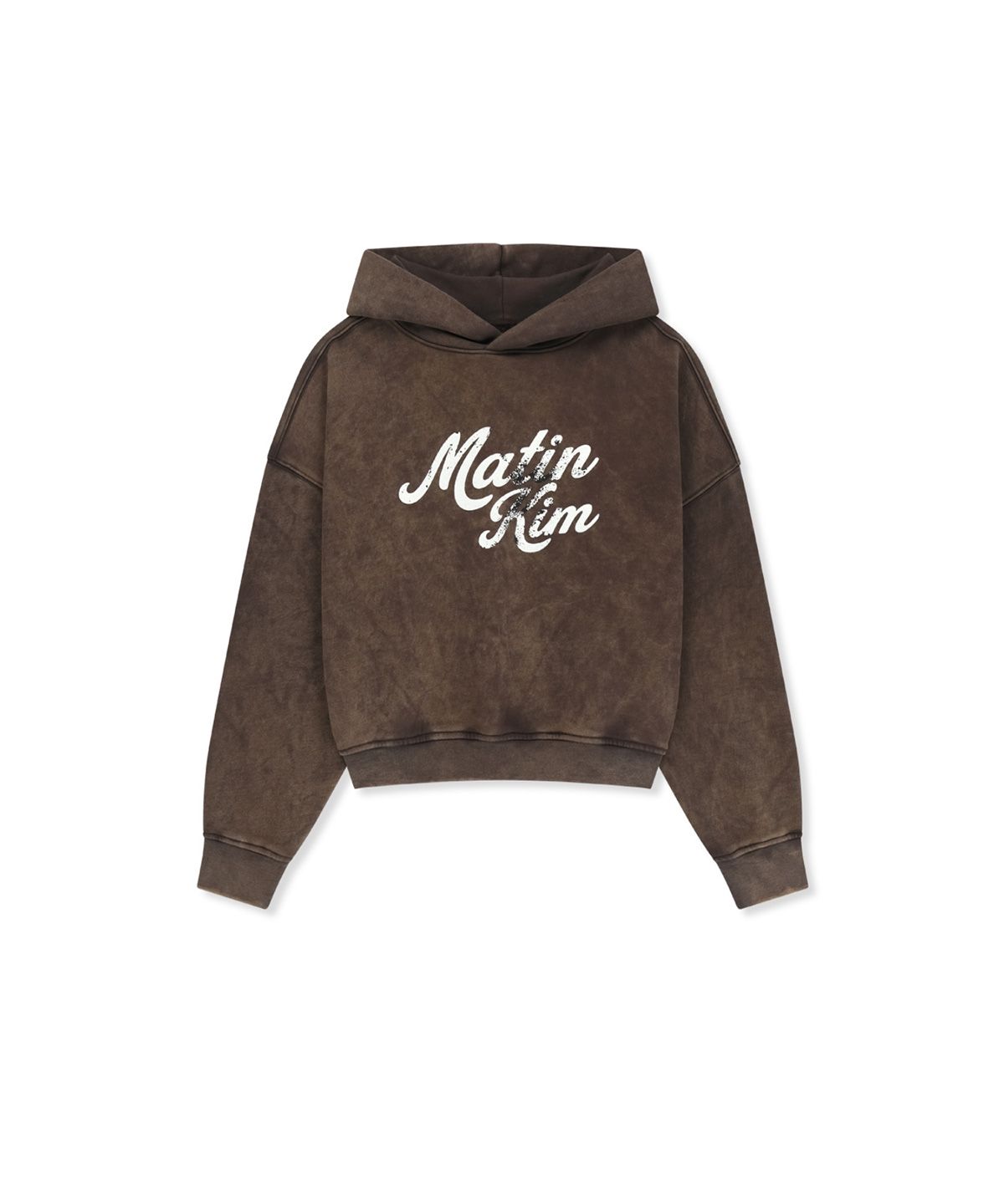 마뗑킴(MATIN KIM) WASHED CALLIGRAPHY LOGO HOODY TOP IN BROWN