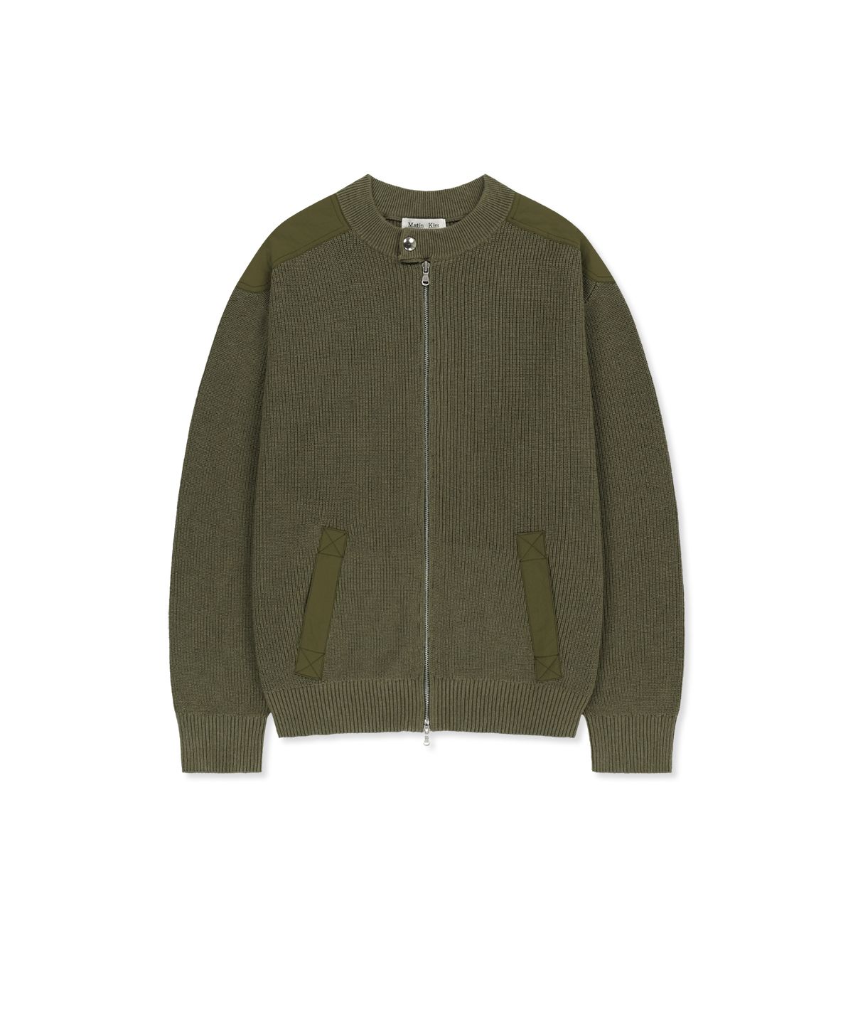 마뗑킴(MATIN KIM) PATCH DETAIL KNIT ZIP UP FOR MEN IN KHAKI